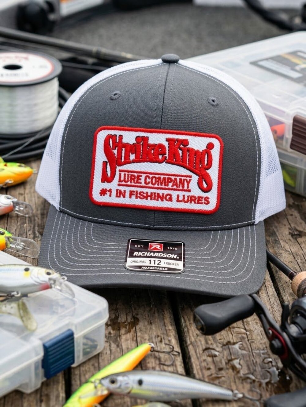 Retro Strike King Lure Hat Fishing Patch Charcoal White Richardson 112 Snapback